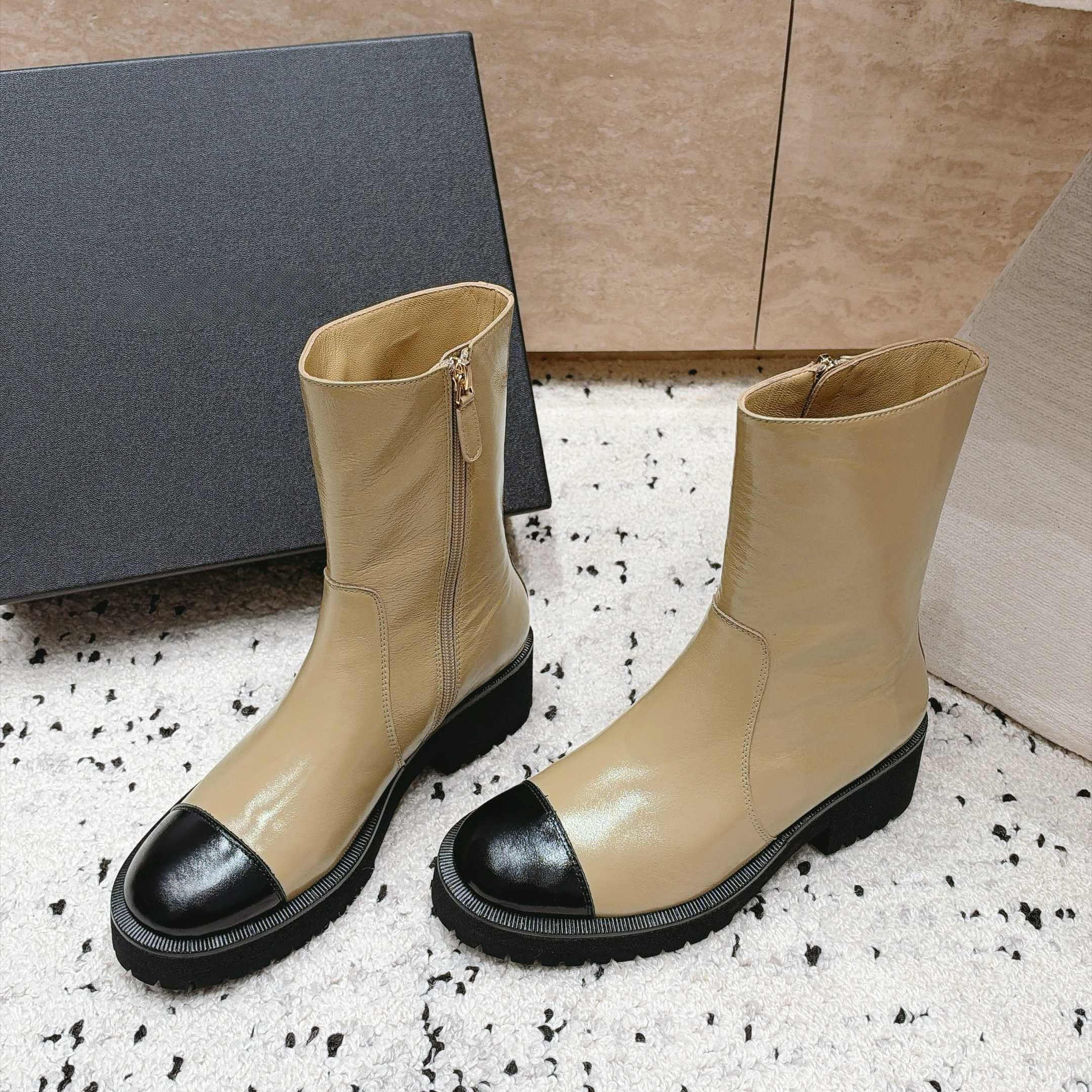 Glossed Leather Mixed Colors Zip Ankle Boots Luxury designer women round toe short boots Fashion chunky heel fall winter boots Leather sole Factory