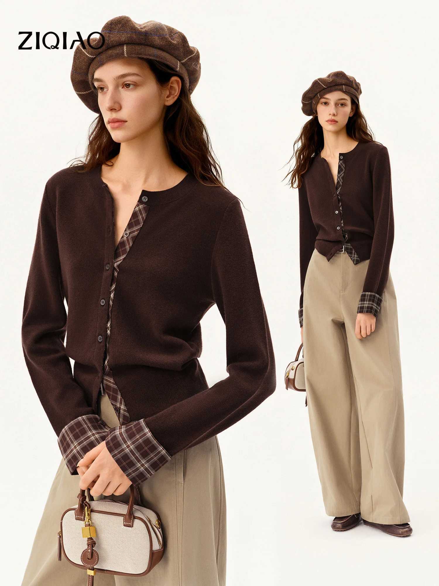 Women's Sweaters ZIQIAO Women Vintage Plaid Spliced Crew Neck Wool Knit Cardigan 2026 Autumn New LongSleeve Fashion Knit Top for Daily Commute