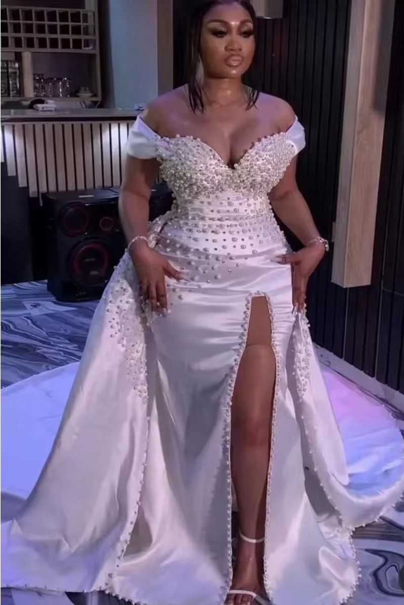 Luxury African Mermaid Wedding Dresses with Removable Skirt Off the Shoulder Pearls Beads High Split Bridal Dress Gowns Custom Made Arabic Aso Ebi V