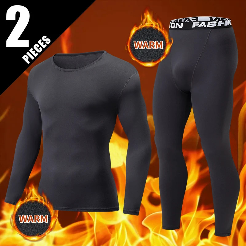 2pcs AutumnWinter Mens Thick Warm Underwear Set Large Solid Color Casual Sports Base Shirt Cycling Fitness Elastic Waist Pant 260922