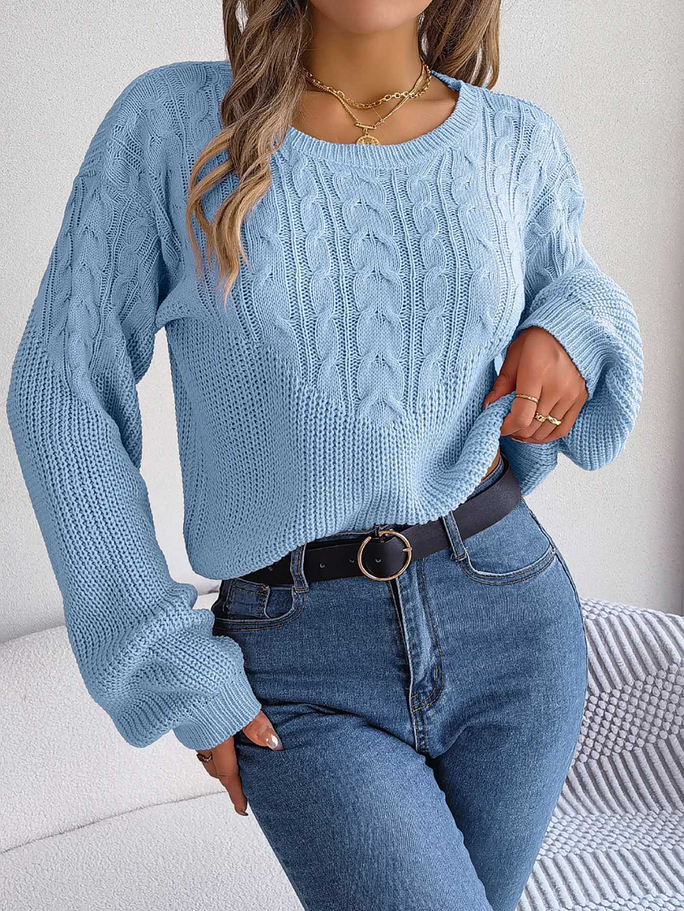Women's Sweaters Women's Lantern Long Sleeve Knitted Sweater for Autumn Winter Casual Solid Color Round Neck Pullover White Khaki Blue Wom