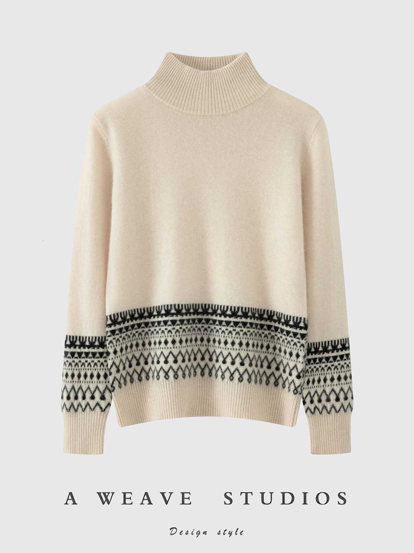 Women's Sweaters New 100% Merino Wool Women's Sweater Autumn Winter Thick Knitwear retro Fair Isle Pullover Long sleeve Clothing Top Lady