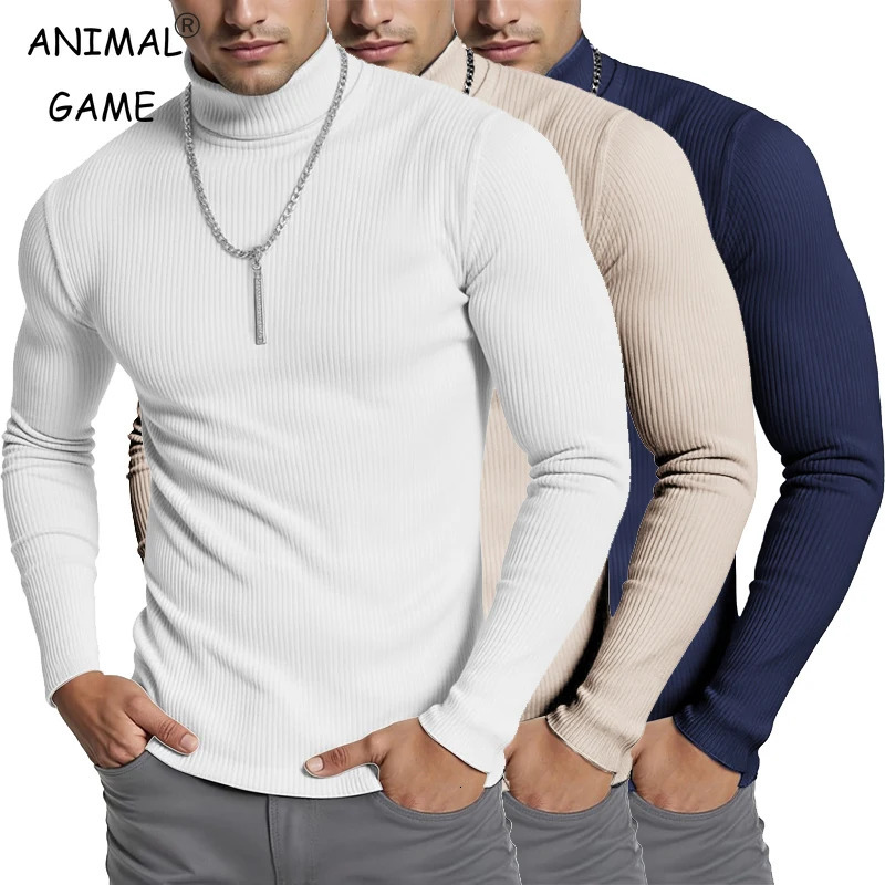 Mens Ribbed Turtleneck Sweaters Slim Fit Pullover Casual Long Sleeves Basic Top Solid Color Stripes Streetwear Coats 260922