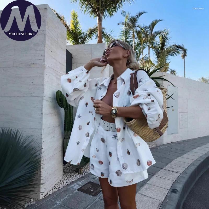 Women's Summer Printed Long Sleeve Shirt And Belted Shorts Set Casual Loose Two-Piece Fashion Outfit