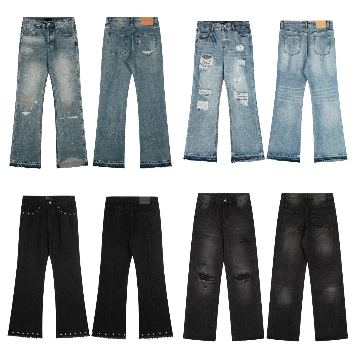 Designer Men's Jeans High Street In Europe And America Hole Design Washed-out Effect Slim Pleated Jeans American Street Style Straight-leg Pant