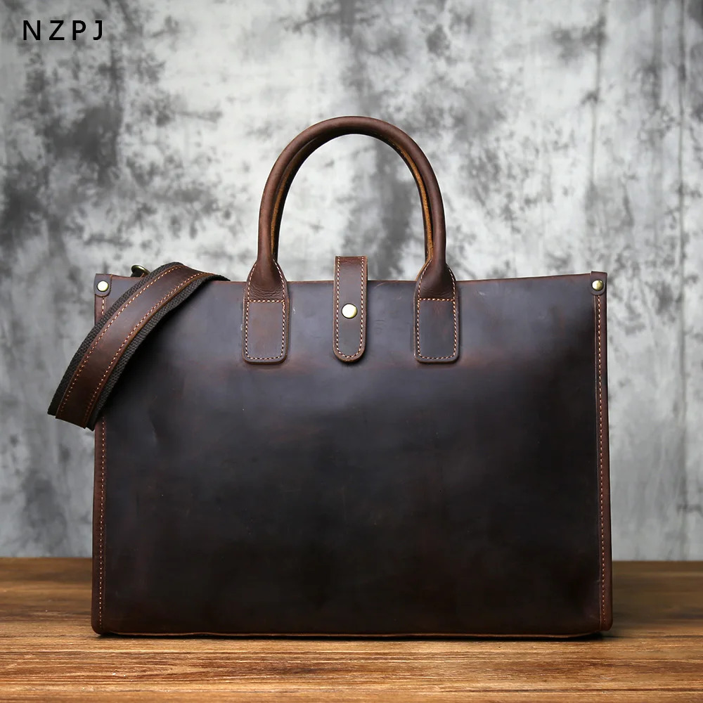 NZPJ Vintage Genuine Leather Men's Briefcase Natural Cowhide Handbag Crazy Horse Leather Computer Bag Casual Crossbody 260920