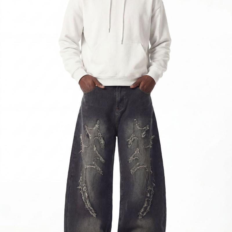 Jean Baggy Coupe Ample pour Hommes Taille Haute Vintage Dégradé Noir Lavage Avant Effiloché Patch De Broderie Détail Pantalon En Denim À Jambes L