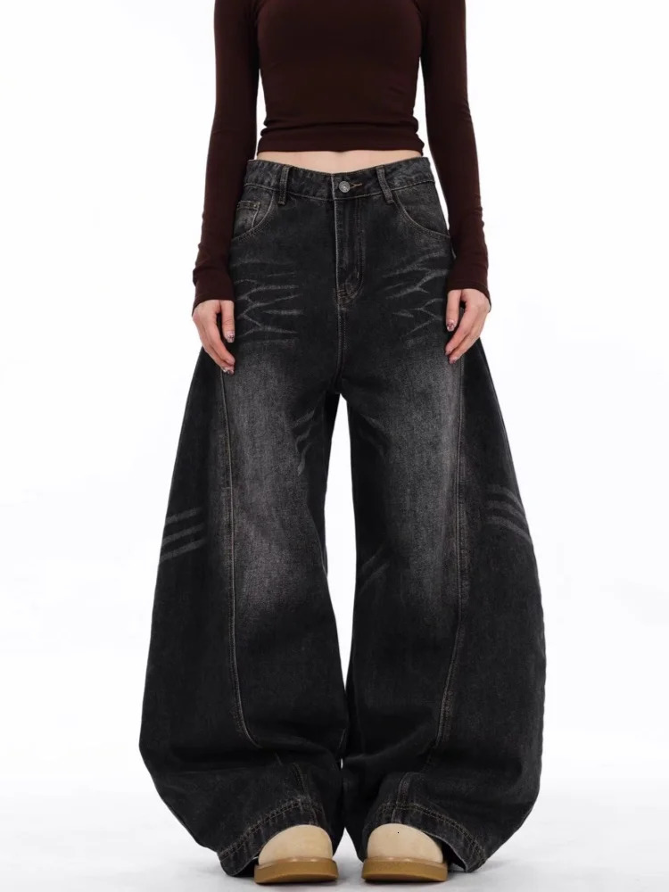 Japanese Y2K Fashion Vintage Black Patchwork Baggy Women's Jeans Pants Wide Leg Woman Clothing Casual Denim Trousers 260922