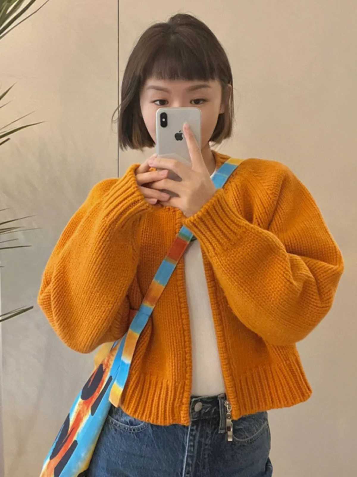 Women's Sweaters Spring Autumn 2026 New Lazy Style Loose Orange Zipper Short Knitted Sweater Cardigan Women's Fashion Sweet Style Pure Col