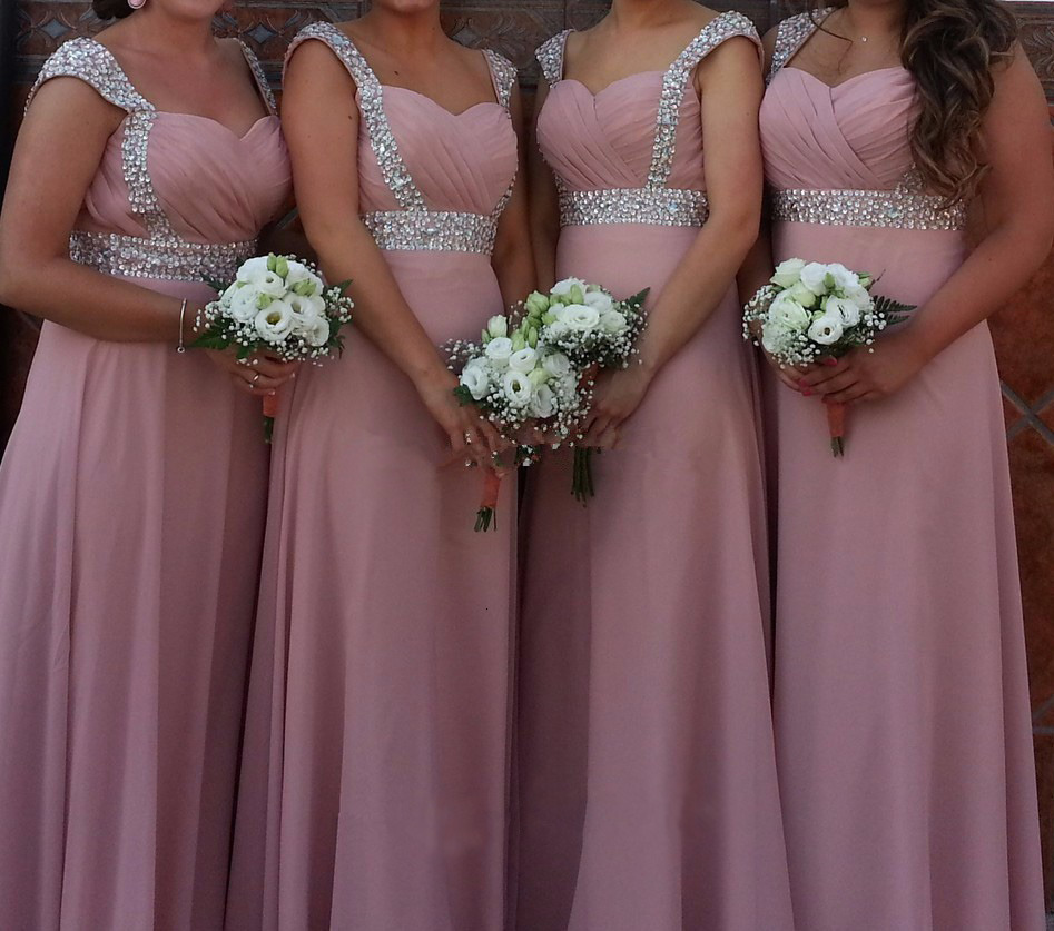 Elegant A Line Chiffon Bridesmaid Dresses Off Shoulder Beading Crystals Cap Sleeve Women Formal Party Evening Prom Gowns Lace Up Back Maid of Honor