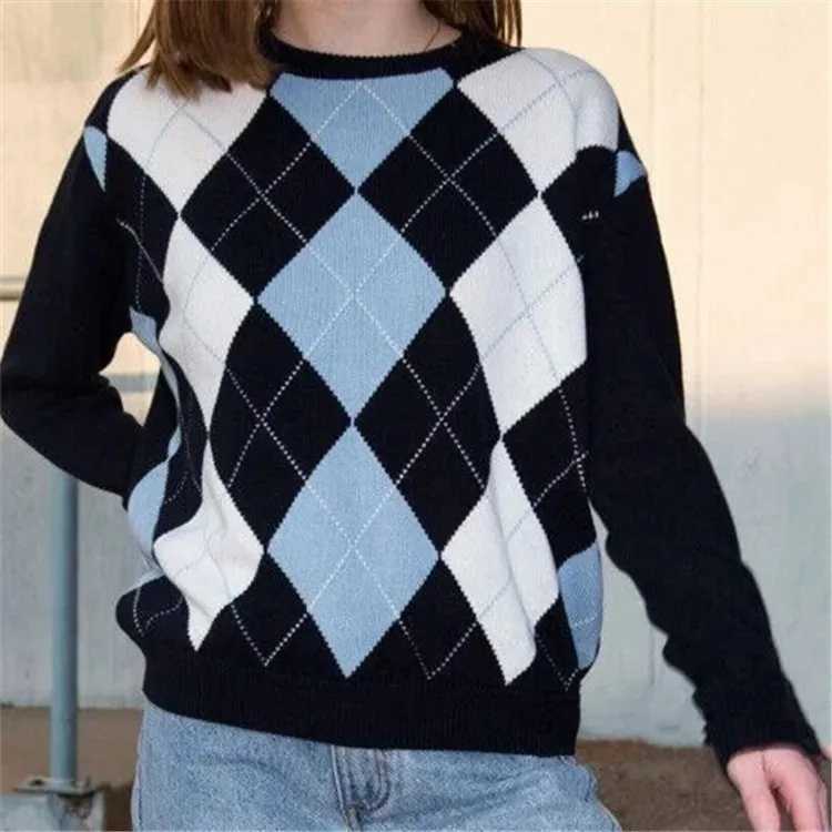 Women's Sweaters Loose Women's Grid Knitted Sweater Sweet Style Long sleeve Overhead Top Fashionable Bloggers' Choice Comfortable Fit
