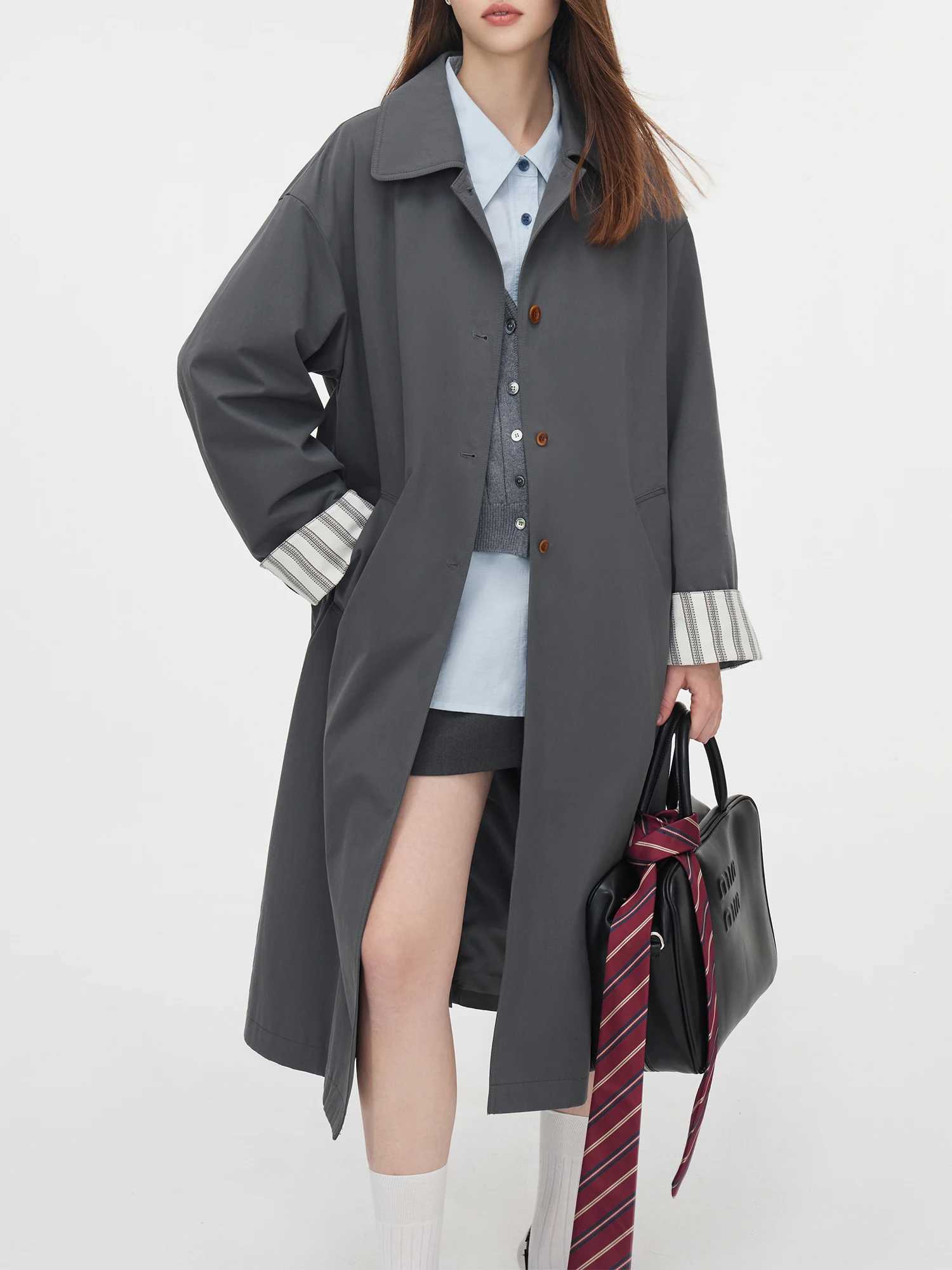 FSLE Single Breasted Trench Coat for Women 2024 New Korean Version Design Sense Contrasting Color Medium Long Jacket 24FS13181 M260922
