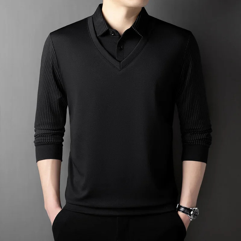 2026 Men's Casual and Fashionable Long Sleeved Solid Color Two-piece Polo Shirt Business All Season Versatile Top 260920