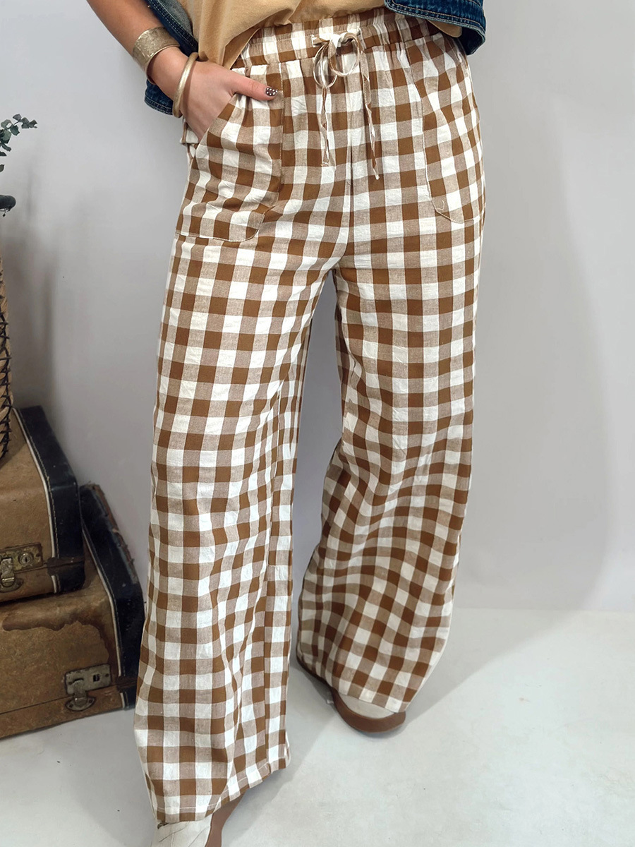 Luxury Hot-Selling Summer New Elastic Waist Long Women, European American Style, Simple And Versatile Plaid Print Casual Pants For Women