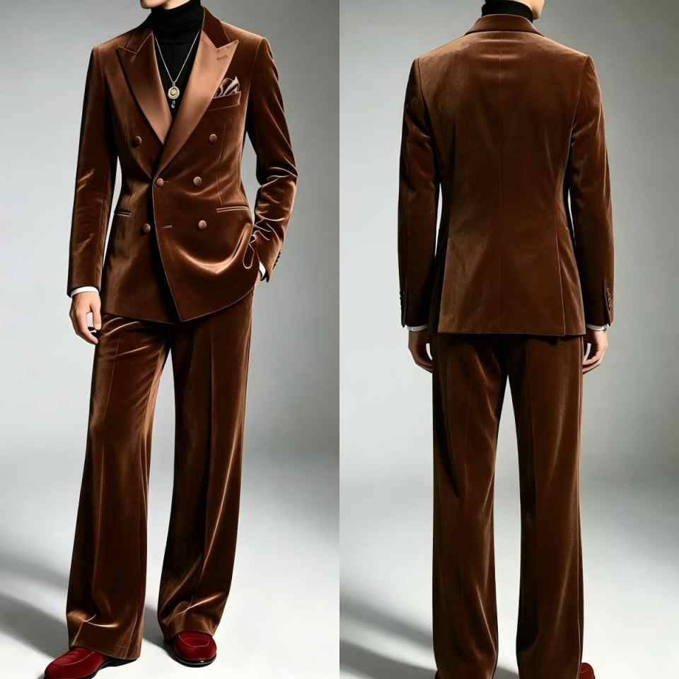 Elegant Velvet Mens Suits 2 Pieces Jacket Pants Double Breasted Peaked Collar Formal Occasion Business Banquet Party Customized