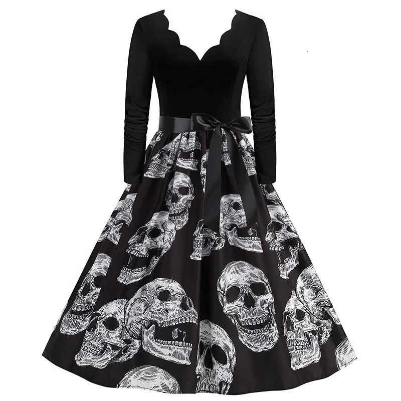 Costume a tema Stampa teschio Abito di Halloween per donna Elegante vintage a maniche lunghe anni '50 anni '60 Festa da sera Costumi da ballo Cospla