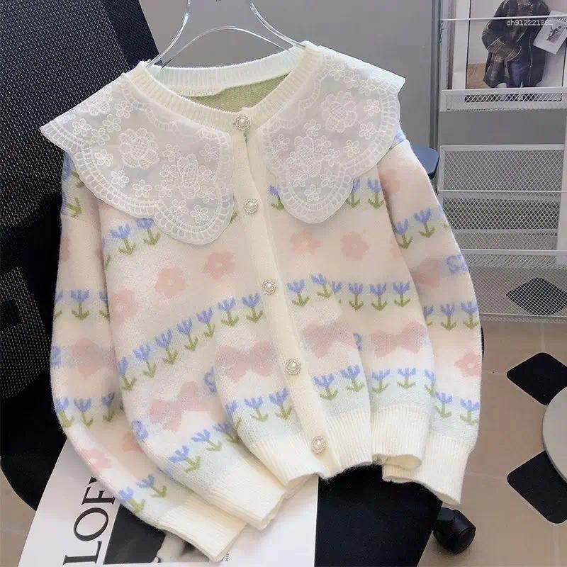 Autumn And Winter Fashion Women's Elegant Printed Doll Neck Sweet Wind Sweater Design Versatile Cashmere Cardigan
