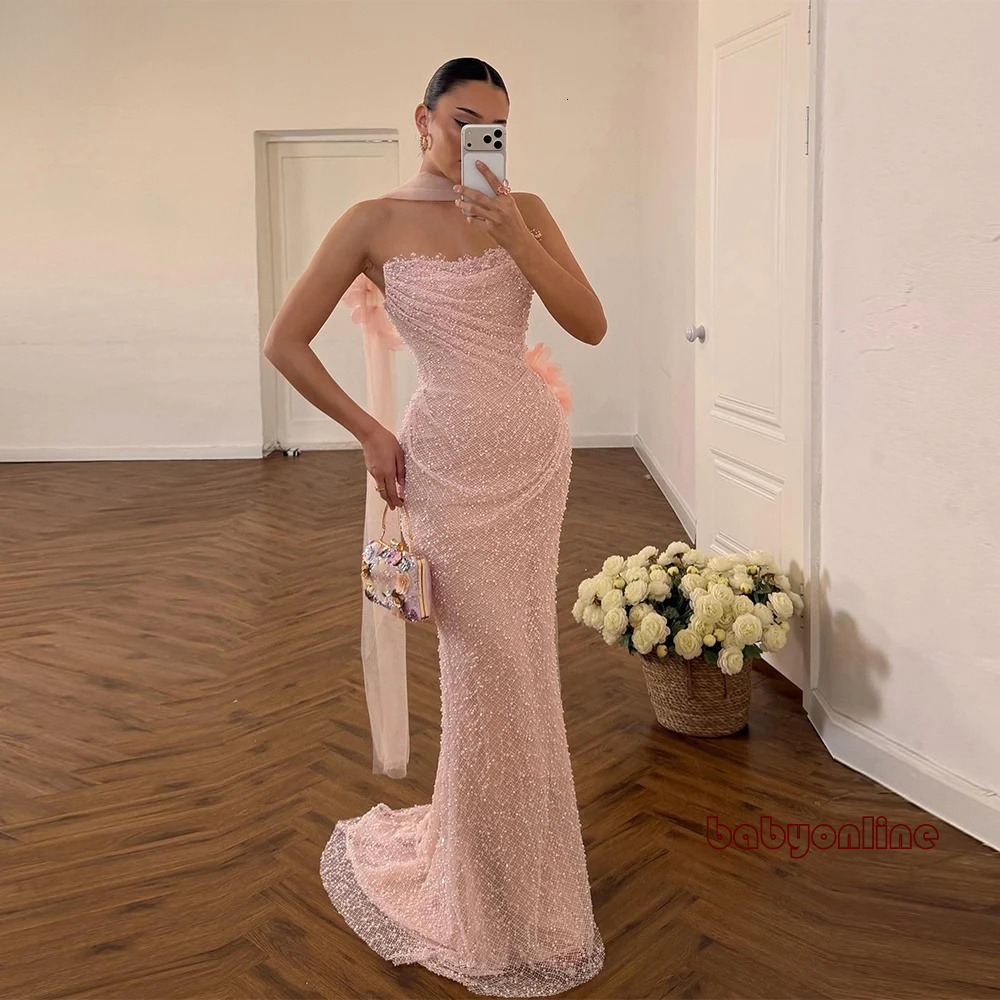Customized Pink Mermaid Evening Dresses Strapless Beaded Pleated Corset Women Party Prom Gowns Women Celebrity Runway Dress 917