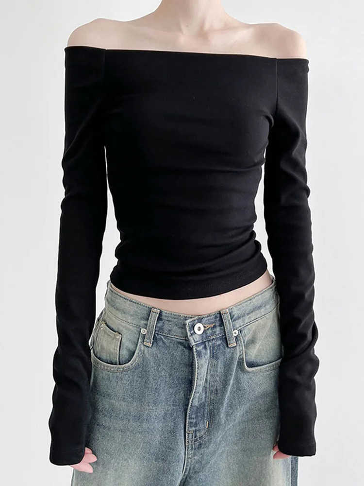 Black Solid Slash Neck Elegant Long Sleeve Tops Korean Fashion Slim Sexy Cropped T Shirt Women Fall Clothing 260921