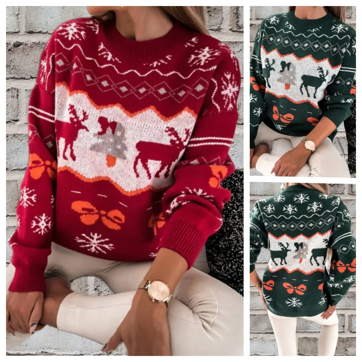 Womens Christmas Sweater Jacquard Loose round Neck Long Sleeve Knitted Sweater EcoFriendly Green Fiber Casual Wear 260922