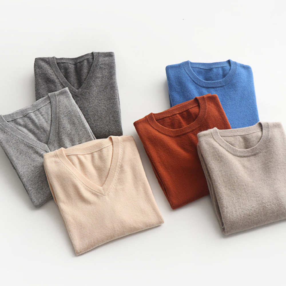 New Autumn Winter Men's Round Neck Knitted Loose Base Shirt V-Neck Pullover Wool Solid Color Plus Size Sweater