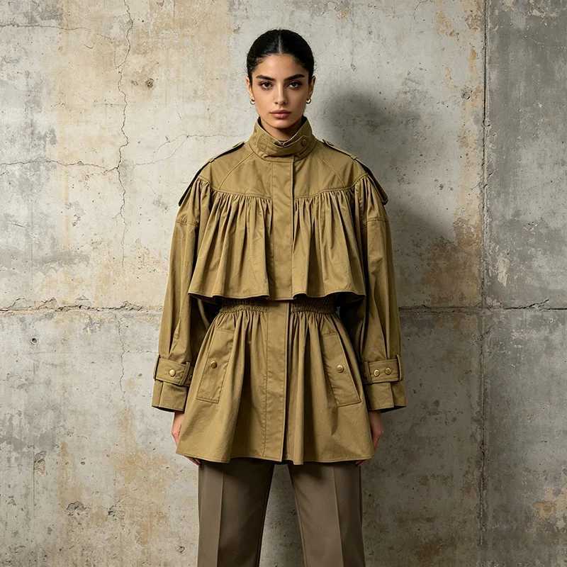 ZAMOR HIGH STRT Women Fashion Chic Top 2026 Autumn New Elegant Unique Design High Neck Solid Ruched Trench Coat Outerwear M260922