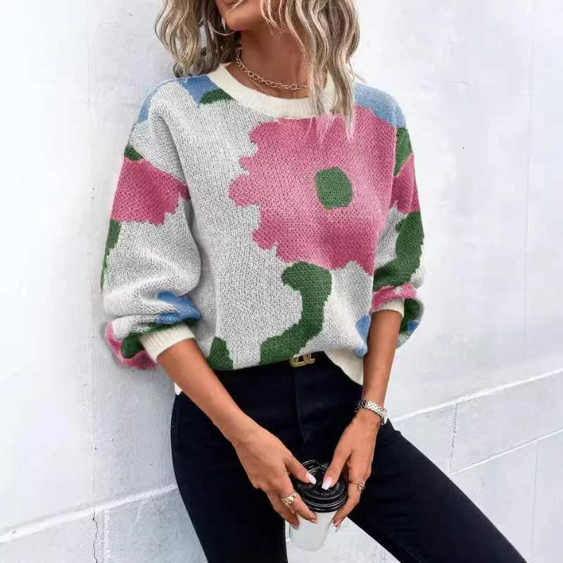 Women's Sweaters Women Floral Print Sweaters Long Sleeved Round Neck Knit Pullovers Regular Casual Jumpers Streetwear Slight Strech Autumn H260