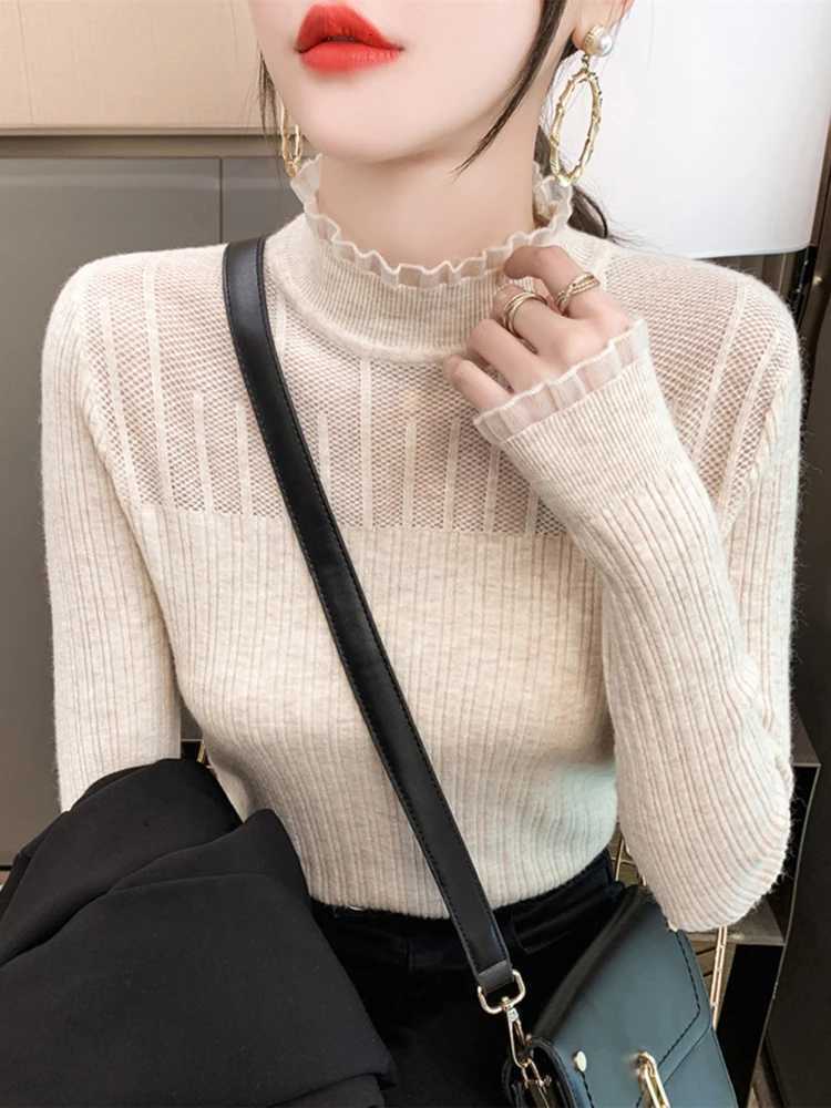 Women's Sweaters Lace Mock Neck Women Sweater Sexy See-through Knitwear Pullovers Jumper Autumn Winter Solid Soft Long Sleeve Sweaters Female T