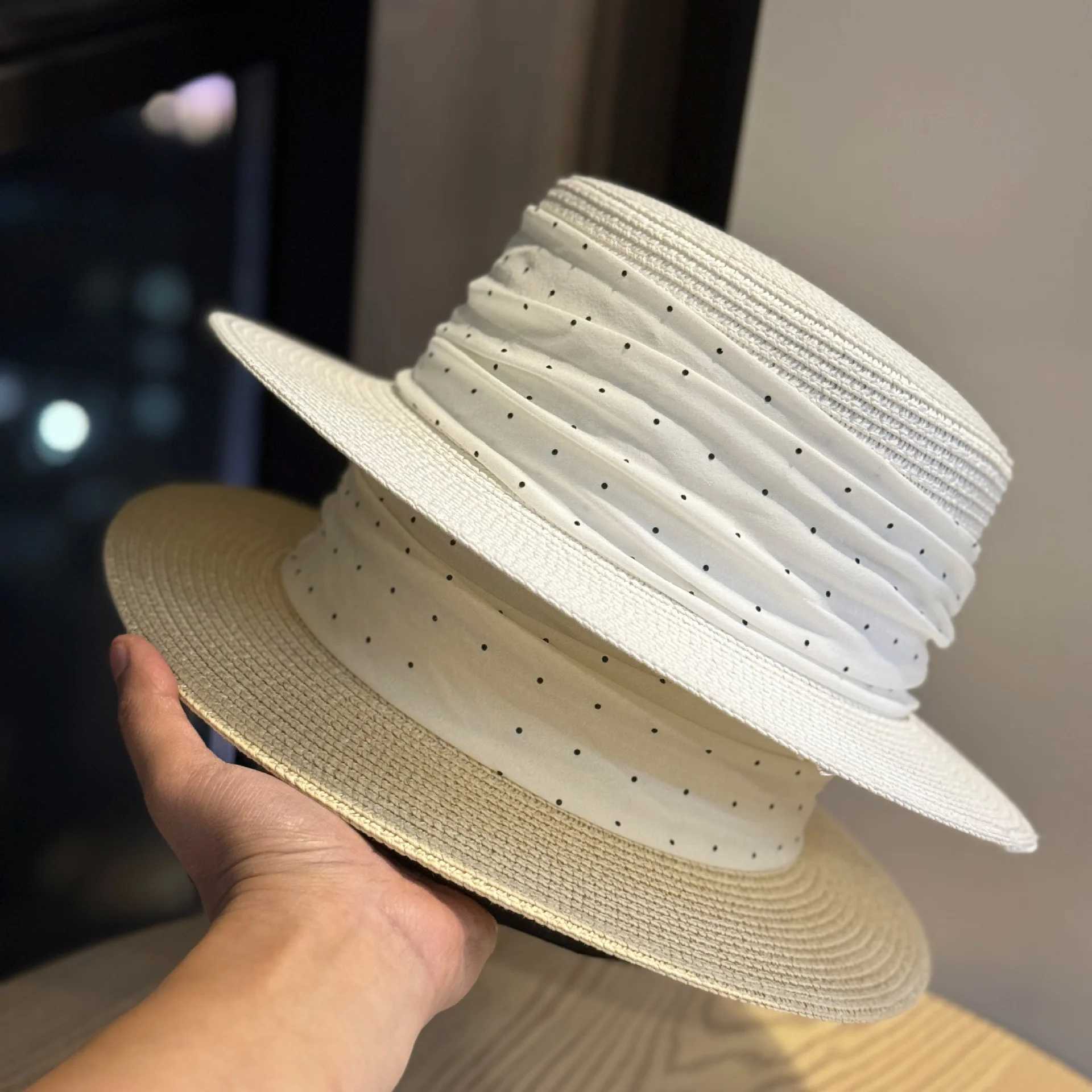 Summer Sunscreen Elegant French Polka Dot Vacation Top Hat Women Travel Seaside Beach Hat Fashion Flat Top Straw Hat Tide Z260922