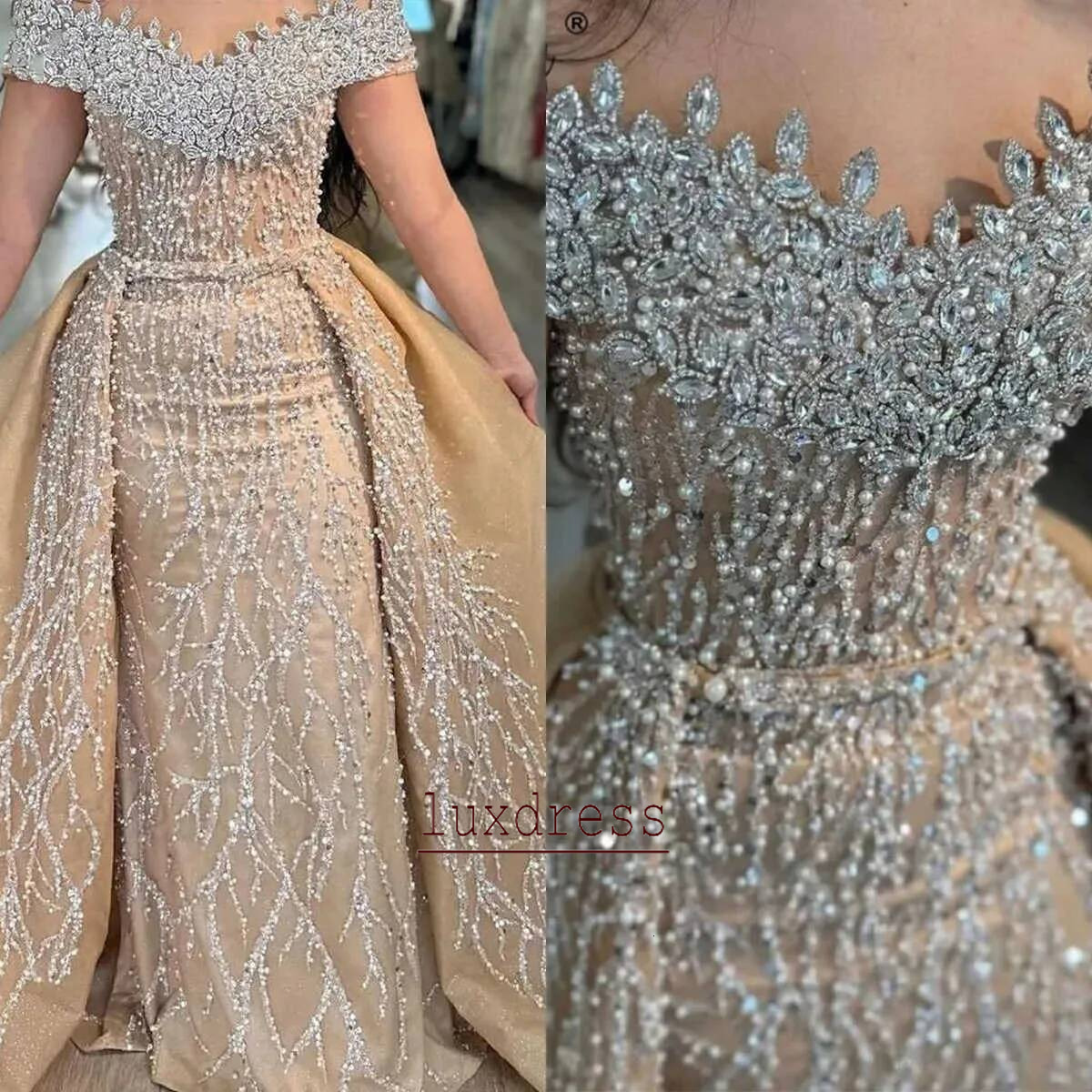 Gorgeous Crystal Pearl Off Shoulder Mermaid Wedding Dress with Detachable Train Custom Made Plus Size Bridal Gown