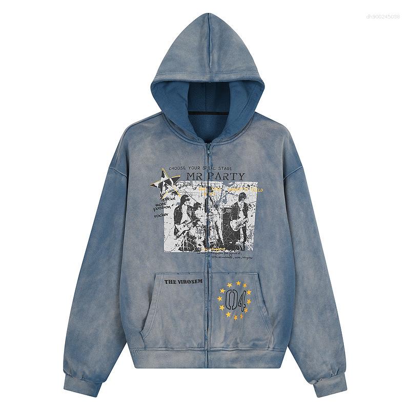 American Retro Washed Vintage Distressed Hooded Sweatshirt Unisex Loose Fit Street Style Zip Up Couple's Top Ins