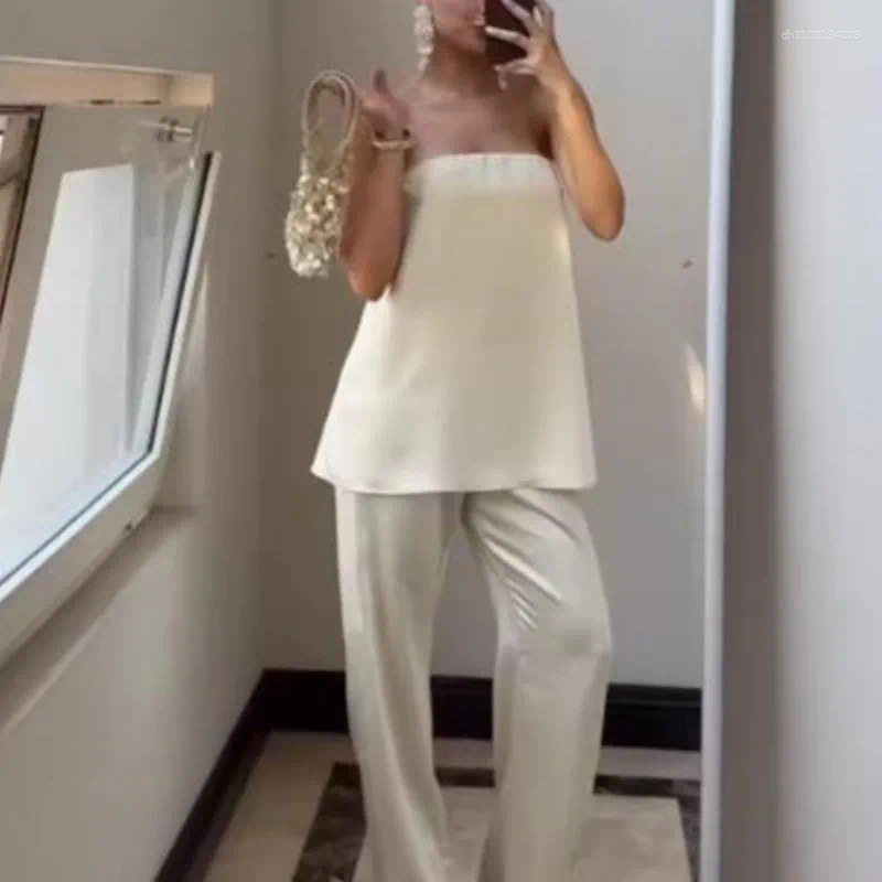 Women's Satin Pants Set swave point Spring Sexy Strapless white Top High Waisted Side Zipper Loose Trousers Fashion Casual Female Two Pieces Se