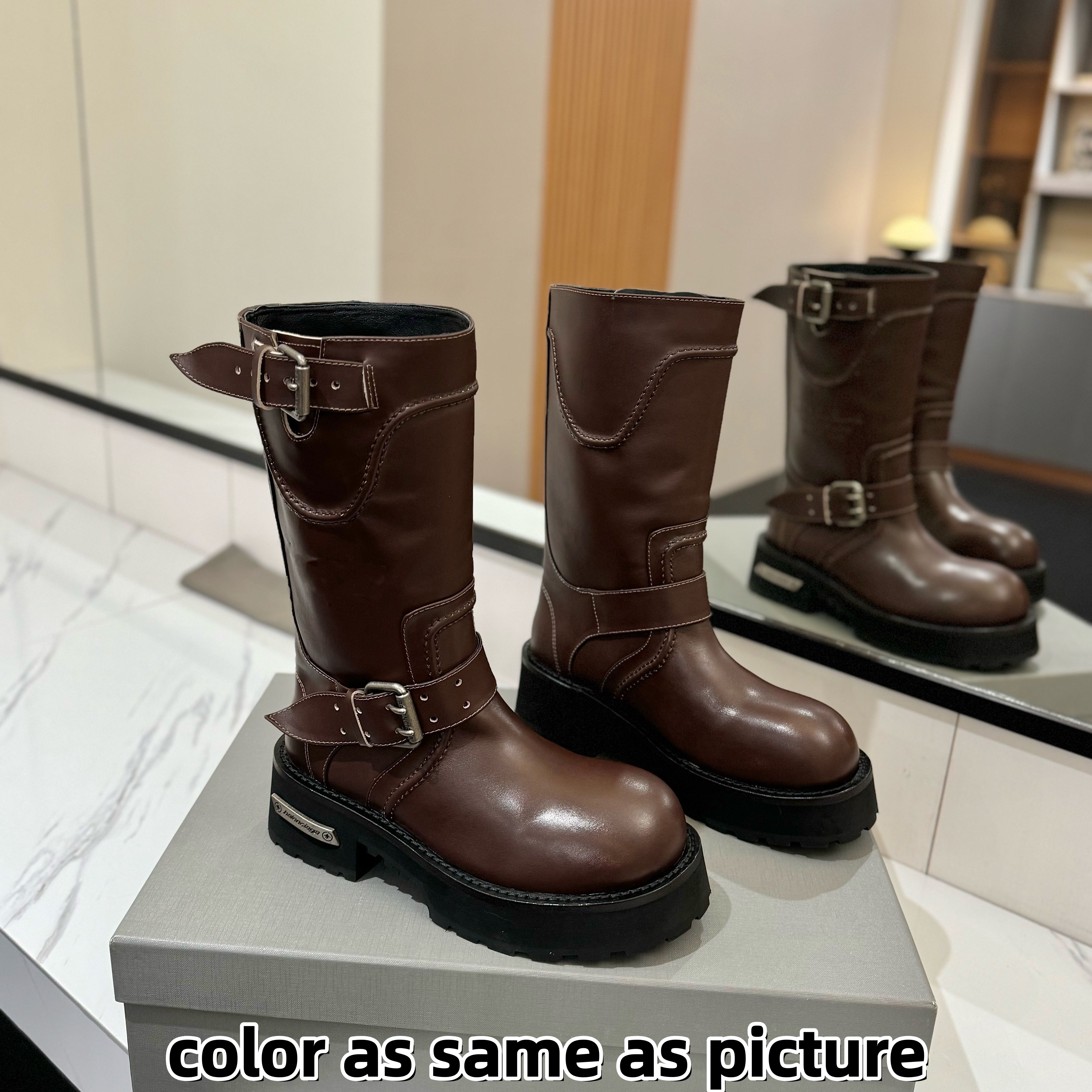 Unisex design genuine leather High boots retro motorcycle boots chunky block half boots leather with bimetallic buckle simple and trendy Designer