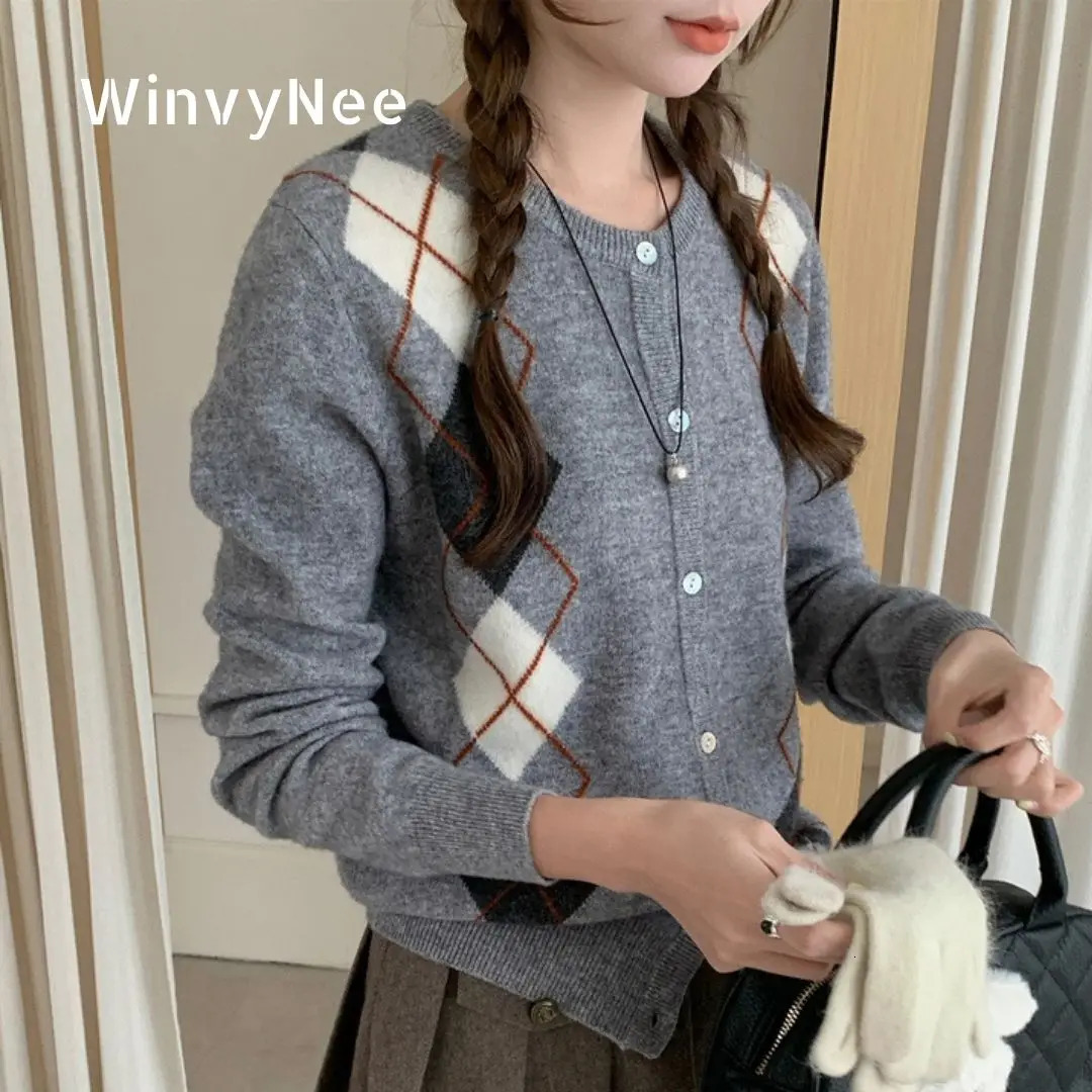 WinvyNee Women's Merino Wool Cardigans Long Sleeve Sweaters O Neck Argyle British Casual Knitted Winter Cropped Coats B1523040 260923