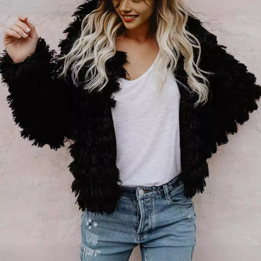 European And American 2024 New Style Tassel Outerwear, Autumn/Winter Short Cotton Jacket, Fashionable Solid-Color Faux Fur Sweater Coat, Women'