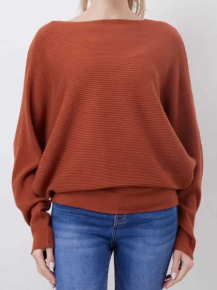 Women's Sweaters Women's Pullover Long Batwing sleeve Knit Tops Autumn New Solid Color Slash Neck Pullovers Office Lady Sweaters Loose Clo