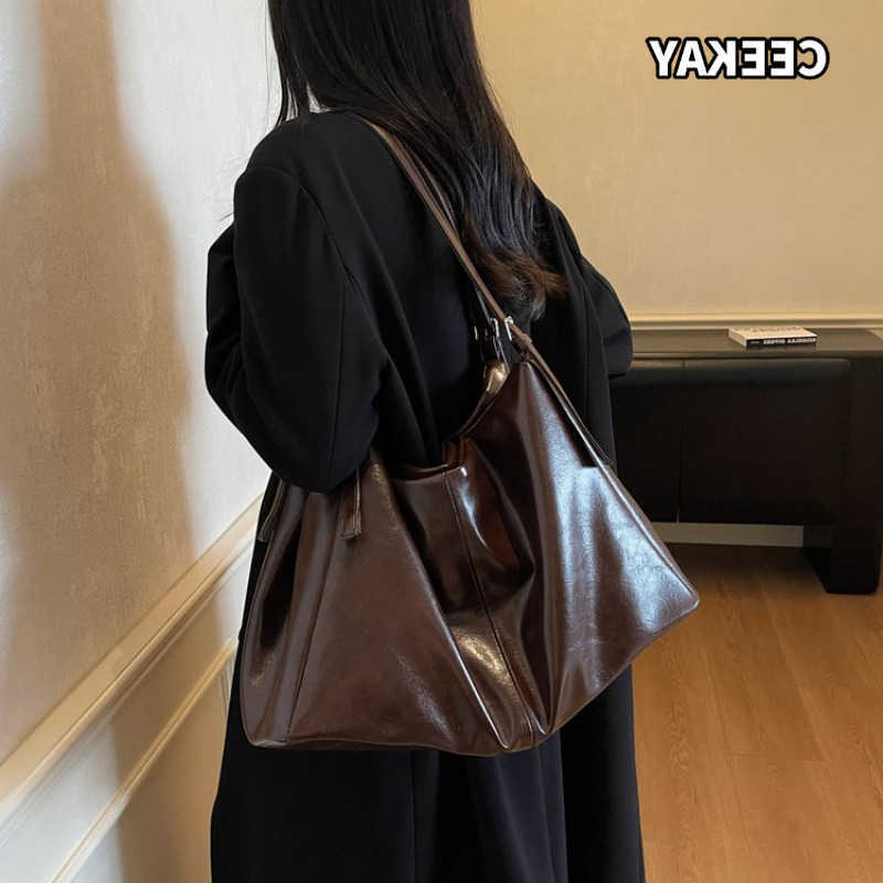 Cross Body CEEKAY Women's Tote Bag Dark Brown Glossy PU Leather Large Shoulder Handbag Draped Detail Zipper Daily Commute Casual D260923