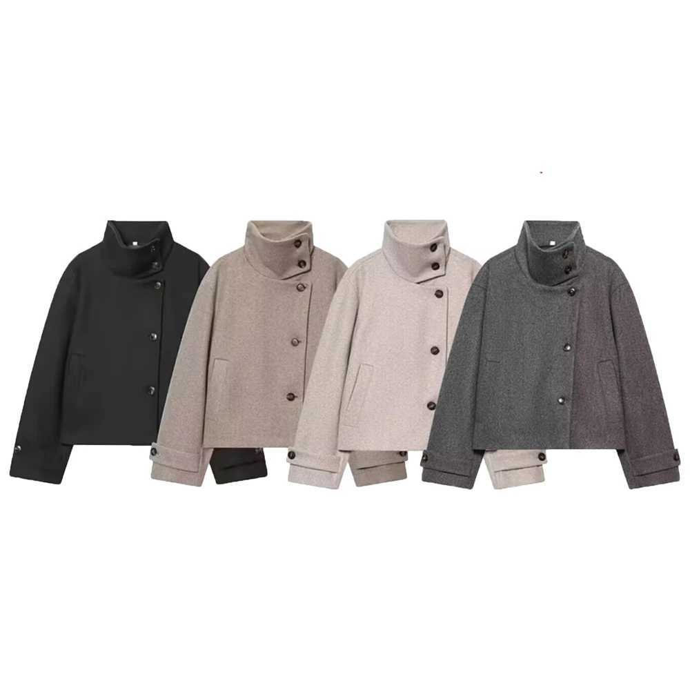 European and American 2025 Winter New Women's Loose and Casual Style Simple Long Slve Buckle Stand up Collar Coat S260923V481