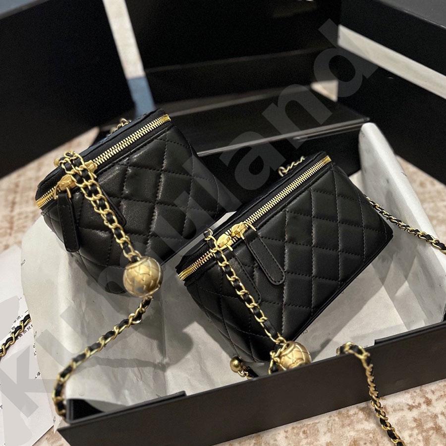 Luxury Mini Box Crossbody Bag Women Gold Ball Adjustable Chain Genuine Leather Zipper Cosmetic Vanity Purse Small Shoulder Handbag