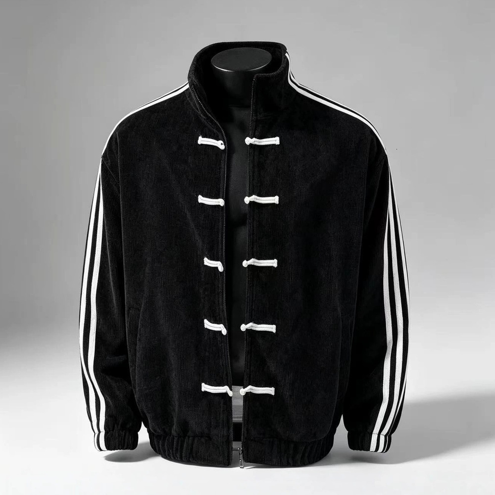 New Chinese National Style Button Men's Spring Design Stand Collar Baseball Three Stripes Sports Cardigan Jacket-2