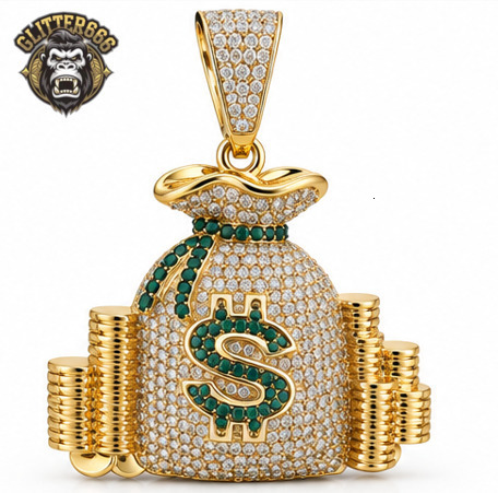 925 Silver Gold Plated Moissanite Money Bag Pendant Round Brilliant Cut Hip Hop Necklace for Men Women