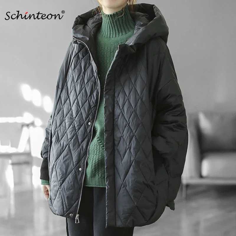 Schinteon Women Light White Duck Down Jacket Casual Loose Over Size Autumn Winter Outwear with Hood Coat 2024 New M260922