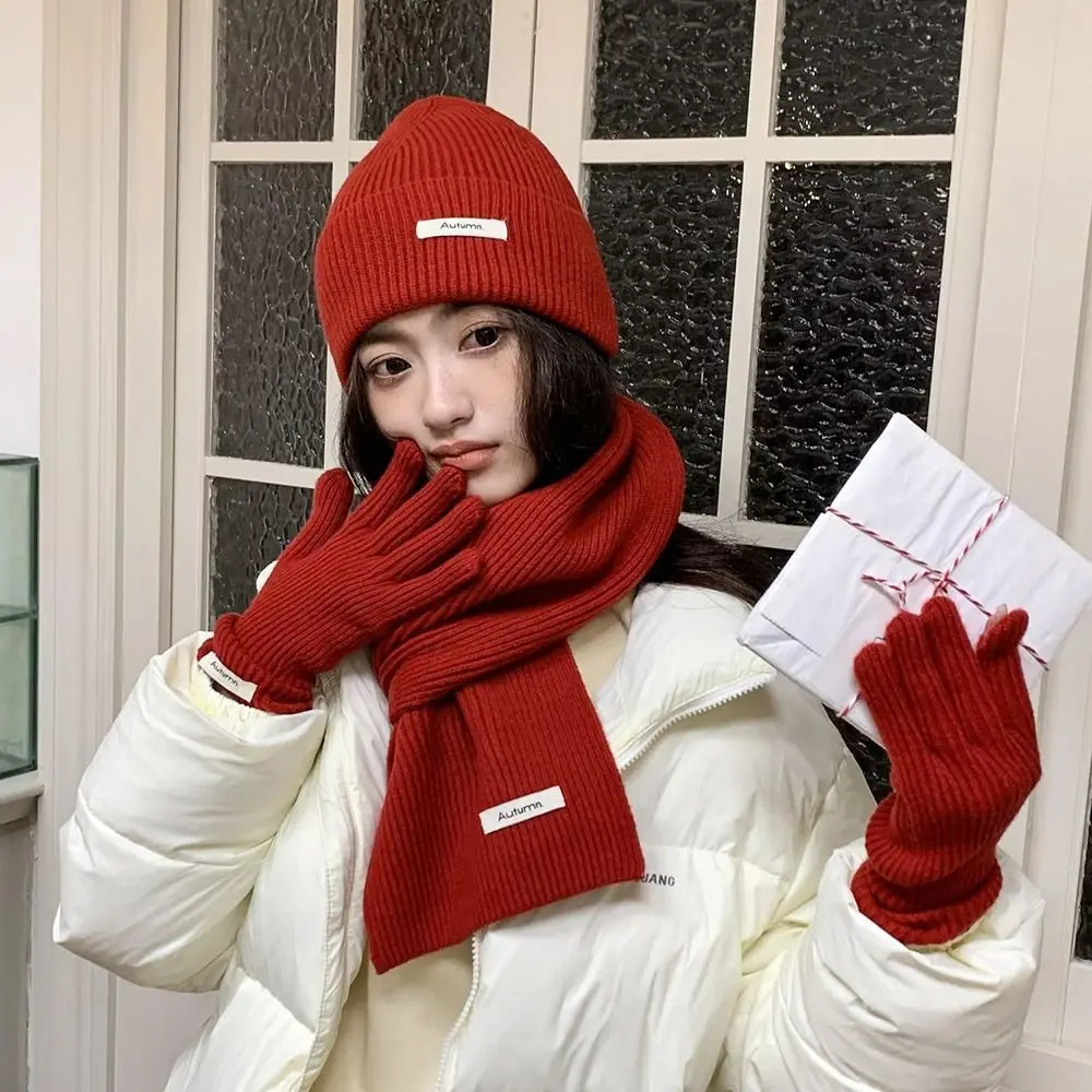 Fleece Lined Solid Color Hat Scarf Gloves Set Warm Wool Thermal Knit Cap Touch Screen Fashion Winter Beanie Hat Hiking 260923