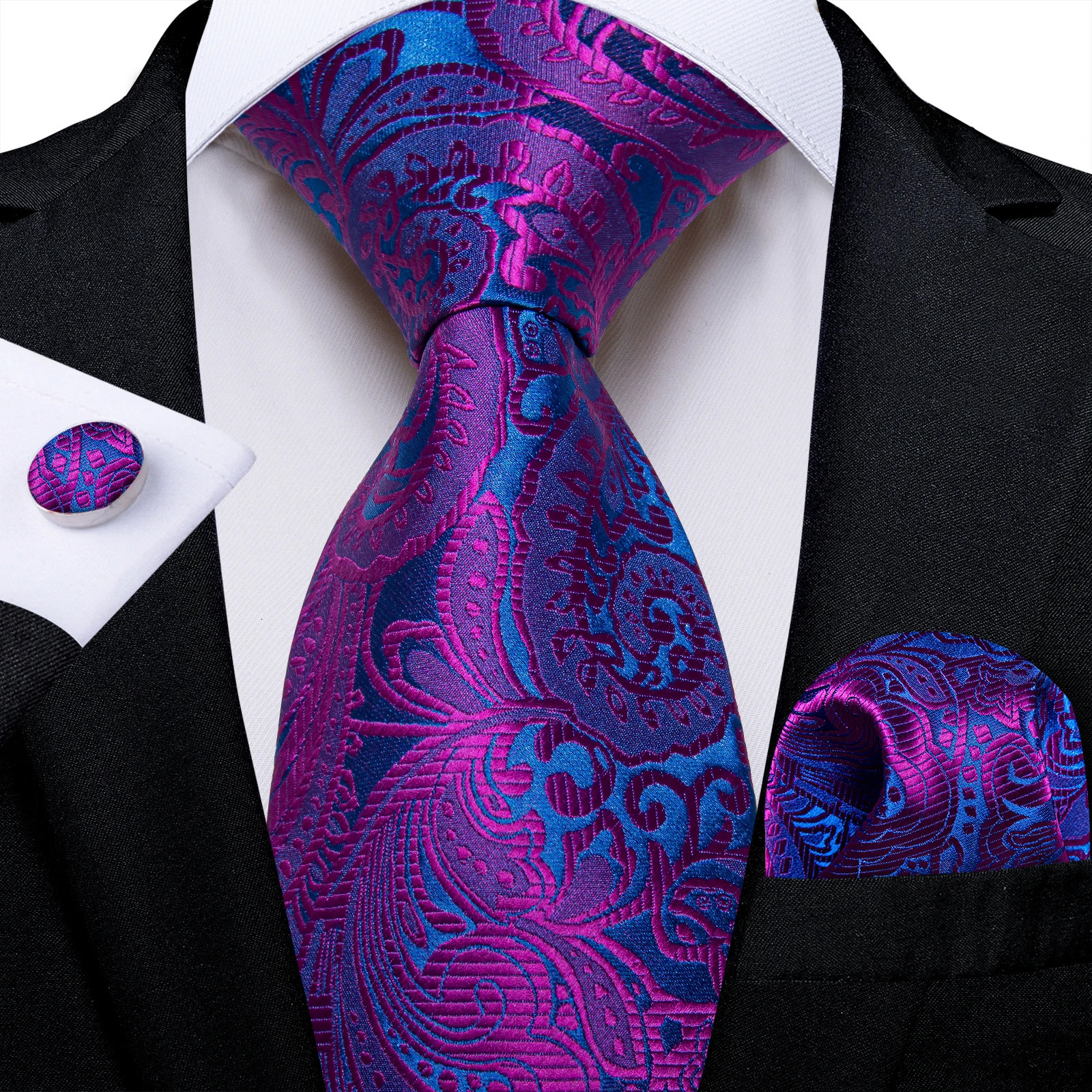 Elegant Purple and Blue Paisley Men's Wedding Business Formal Elegant Neck Tie Set Pocket Square Cufflinks Gift for Husband 260923
