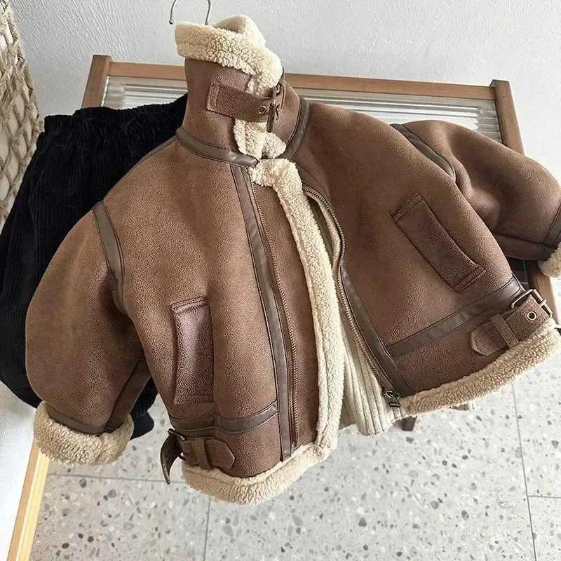 Clothing Sets Cashmere Leather Jacket Winter Keep Warm Boys Jacket Thick Lining with Plush Fur Collar Hooded Heavy Coat for Kids Girls Coats