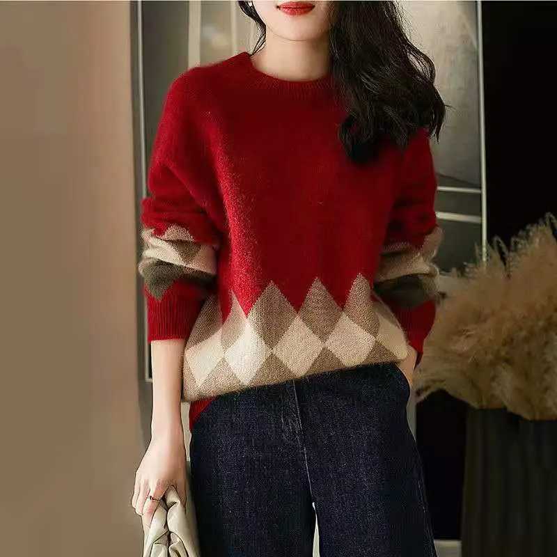Women's Sweaters Stylish O-Neck Knitted Spliced Loose Lattice Sweaters Women's Clothing Autumn New Casual Pullovers Long Sleeve Warm Tops