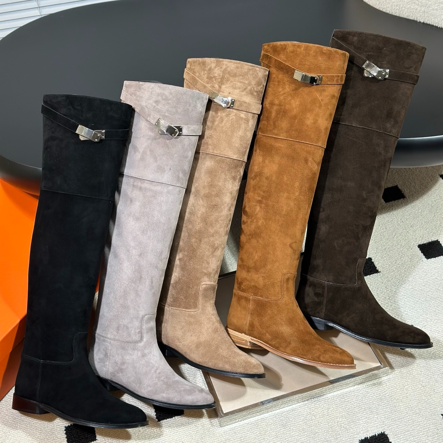 Metal Buckle Jumping Suede Thigh High Boots Luxury designer women slip on almond shaped toes chunky heel knight boots Simple fall winter over the kn