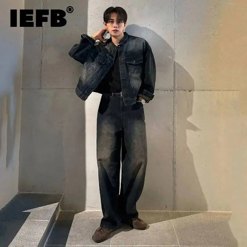 IEFB Korean Style Men's Two-piece Solid Color Stand Collar Single Breasted Denim Jackets Washed Wide Leg Loose Jeans 9W3913 260914