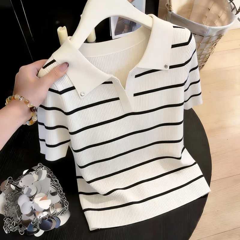 Women's Sweaters Sweaters Knitted Sweater Women Pullovers New Summer Turn Down Collar Knit Sweater Pullover Women Tops Short Sleeve Striped Q37