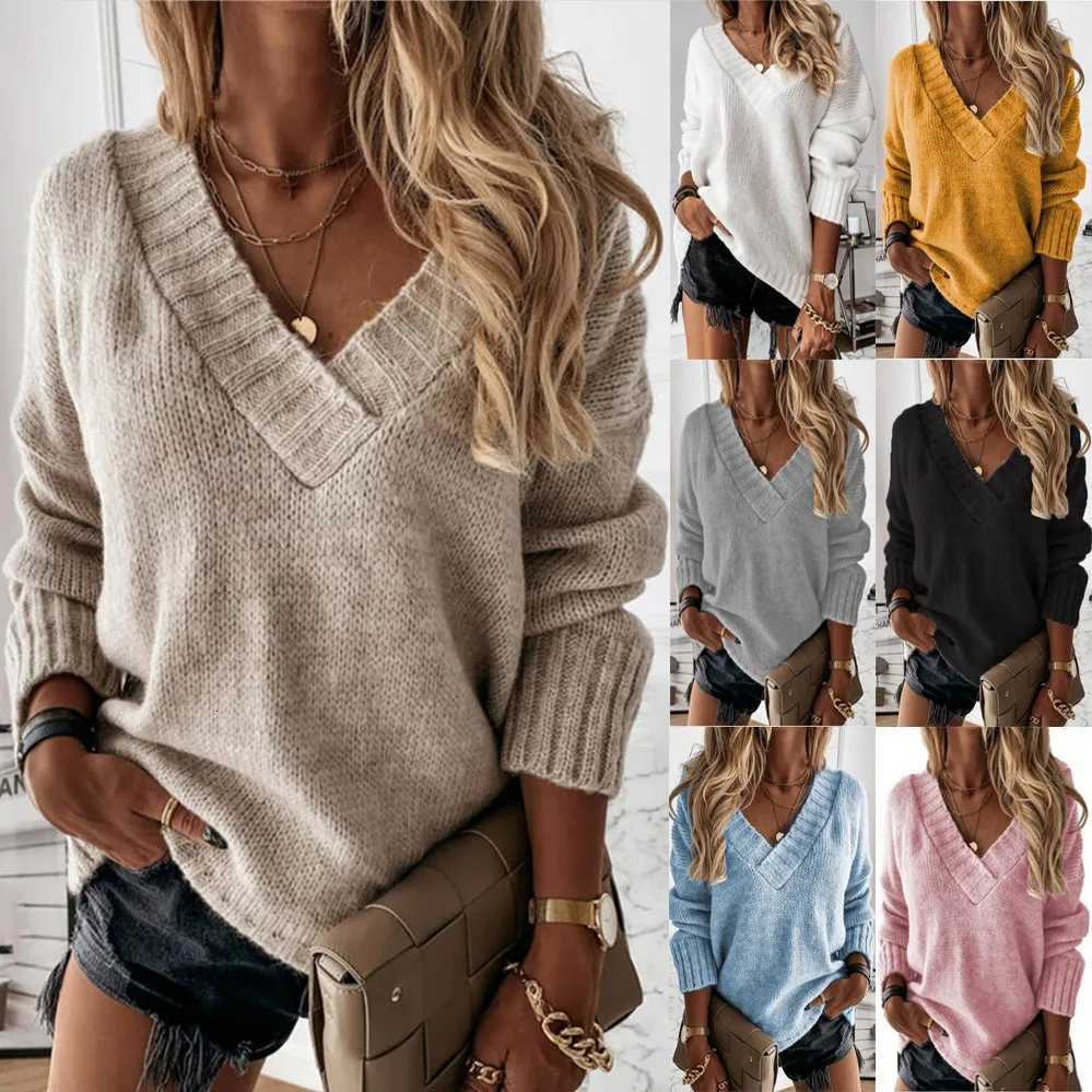Women's Sweaters Fashionable Casual Women's Autumn and Winter New Solid Color Sweater Women's V-Neck Long Sleeve Pullover Knit Top H2